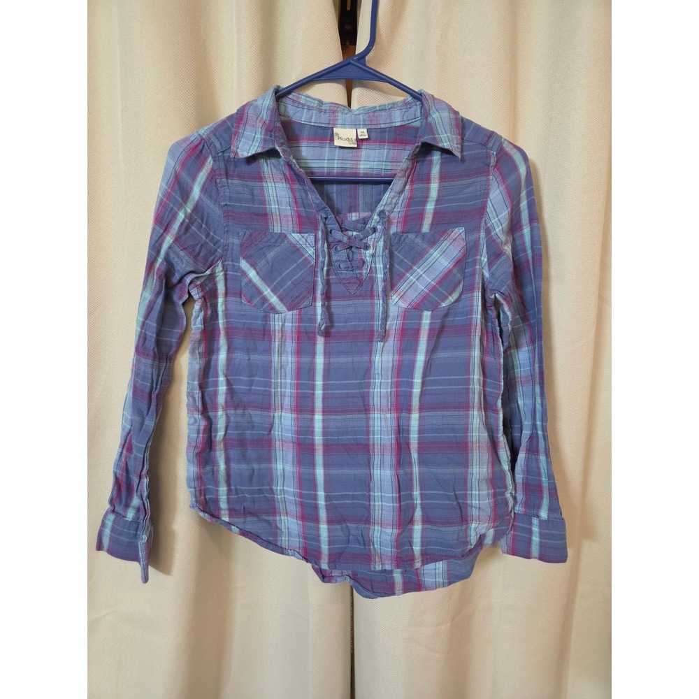 Mudd Girls Purple Blue Plaid Lace Up Flannel Shirt Size 12 Long Sleeve Top